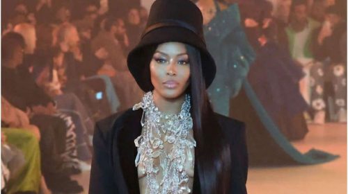 Naomi Campbell, Walks Topless Except For Gold Necklace At Paris Fashion Week